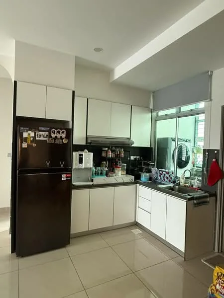 Kitchen features: black stainless-steel fridge, built-in oven, stainless-steel sink, chrome pull-down faucet, white cabinetry with flat-panel doors, black countertop, ceramic tile flooring, window with sheer curtains, microwave, dishwasher, kitchen island, wall-mounted cabinets, open shelving; style: modern.