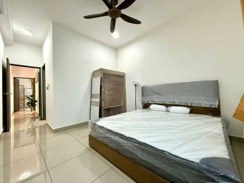 Bedroom features: queen-size bed with mattress, wooden bed frame, white painted walls, glossy tile flooring, ceiling fan, floor lamp, built-in wardrobe, window with curtain; style: modern.
