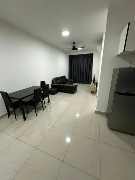 Living features: 3-seater leather sofa in black, coffee table, TV console, wall-mounted TV, floor-to-ceiling windows with black curtains, recessed downlights, polished ceramic tile flooring, ceiling fan with light; style: modern. Dining features: 4-seater dining table in black, black dining chairs; style: modern.