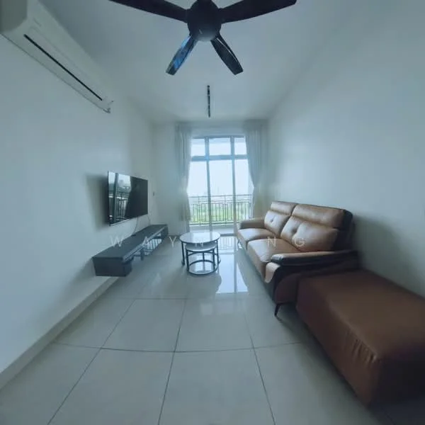 Living features: 3-seater leather sofa in brown, single chaise lounge in brown, glass coffee table, wall-mounted TV, TV console, floor-to-ceiling windows, white painted walls, glossy tile flooring, 1 wall-mounted split AC, ceiling fan with light; style: modern; view: city.
