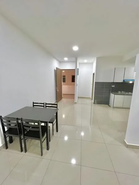 Room features: white painted walls, glossy tile flooring, recessed downlights, dining table with four chairs, kitchen cabinetry with grey backsplash, open layout, doorway leading to another room, window with natural light; style: modern.