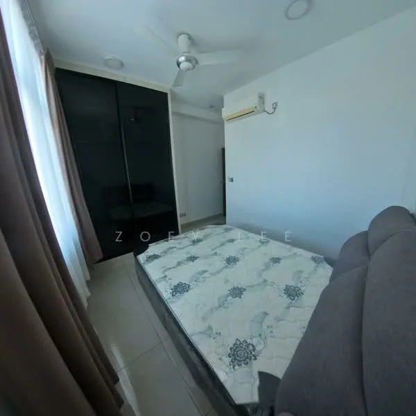 Bedroom features: queen-size bed, upholstered headboard, ceiling fan, built-in wardrobe with sliding doors, white painted walls, tile flooring, curtains, air conditioning unit; style: modern.