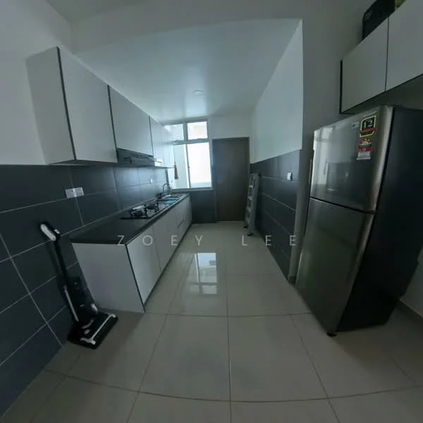 Kitchen features: white flat-panel cabinets, grey tiled backsplash, black countertop, stainless-steel fridge, built-in gas stove, exhaust hood, ceramic tile flooring, window with natural light; style: modern.