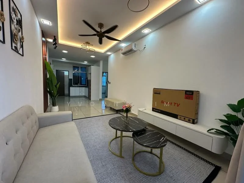 Living features: 3-seater fabric sofa in light grey, round coffee table with marble top, area rug with neutral color, wall-mounted TV console, TV box visible, ceiling fan with 5 blades, recessed downlights, white painted walls, large indoor plant, decorative wall art, sliding glass door, tile flooring; style: modern.