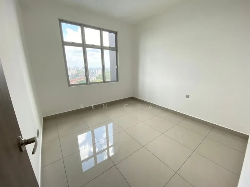 Room features: white painted walls, glossy ceramic tile flooring, floor-to-ceiling windows, city view, single window, neutral color scheme, no visible furniture, light from window; style: modern; view: city.