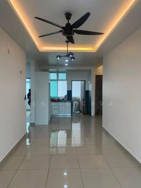 Room features: glossy tile flooring, white painted walls, tray ceiling with LED strip lighting, 5-blade ceiling fan with light, recessed downlights, open kitchen layout visible, doorway leading to kitchen, large windows allowing natural light; style: modern.