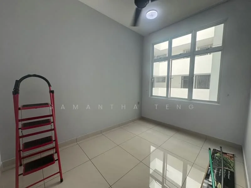 Room features: white painted walls, glossy ceramic tile flooring, ceiling fan, large windows, natural light, neutral color scheme, step ladder, books on the floor; style: modern.