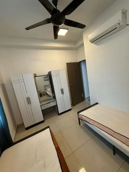 Bedroom features: 2 single beds with mattresses, white walls, ceiling fan with 5 blades, wall-mounted split AC unit, built-in wardrobe with mirrored doors, tile flooring, window with blue curtains, door leading to hallway; style: modern.