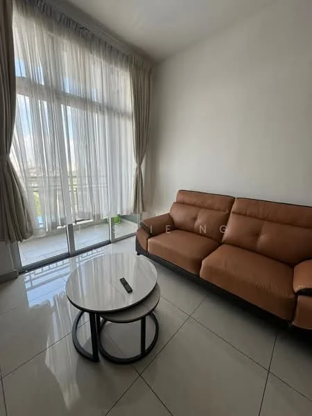 Living features: brown leather sofa, round coffee table with white top and black base, floor-to-ceiling windows, sheer curtains, white painted walls, glossy tile flooring, balcony access, natural light; style: modern; view: city.