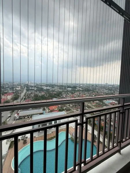 Room features: balcony with railing, floor-to-ceiling glass panels, city view, pool view, outdoor flooring, overcast sky, urban landscape, high-rise building; style: modern; view: city.