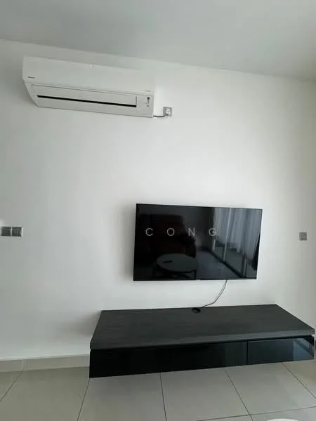 Living features: wall-mounted TV, black TV console, white painted walls, 1 wall-mounted split AC, tile flooring, natural light from window, minimalist decor; style: modern.