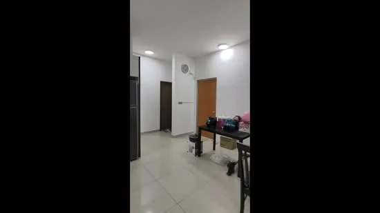 Room features: white painted walls, tile flooring, recessed downlights, door to hallway, door to another room, wall-mounted air conditioning unit, black refrigerator, table with items on it; style: modern.