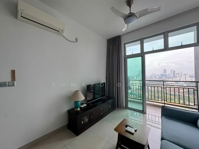 Living features: floor-to-ceiling windows, sliding glass door, curtains, 3-blade ceiling fan, wall-mounted TV, TV console, coffee table, sofa in light blue fabric, air conditioning unit, decorative lamp, ceramic tile flooring, white painted walls; style: modern; view: city.