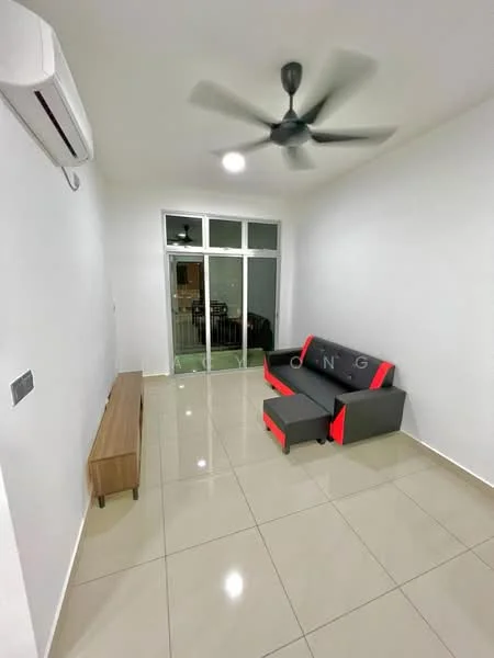 Living features: white painted walls, glossy ceramic tile flooring, 5-blade ceiling fan, floor-to-ceiling windows, sliding glass door, grey fabric sofa with red accents, wooden TV console, natural light from windows; style: modern; view: garden.