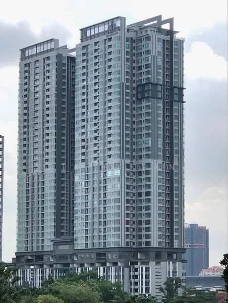 Exterior type: high-rise condominium; features: glass curtain wall, projecting balconies, two towers, approximately 30-storey high-rise, modern architectural design, elevated podium, large windows, balconies on upper floors, landscaped ground level, surrounded by greenery; style: modern.