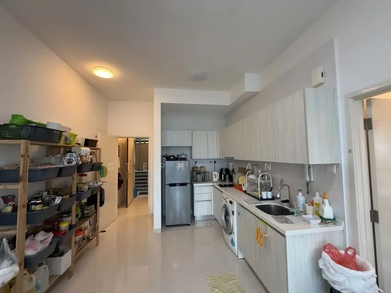 Kitchen features: white cabinetry, stainless-steel fridge, built-in washing machine, single-bowl stainless-steel sink, chrome pull-down faucet, ceramic tile flooring, recessed downlights, open shelving unit, countertop with space for appliances, wall-mounted cabinets; style: modern.