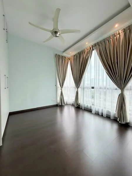 Room features: light wood laminate flooring, pale blue painted walls, floor-to-ceiling windows, sheer white curtains, heavy beige curtains, 5-blade ceiling fan with light, recessed downlights, built-in wardrobe with white doors; style: modern; view: city.