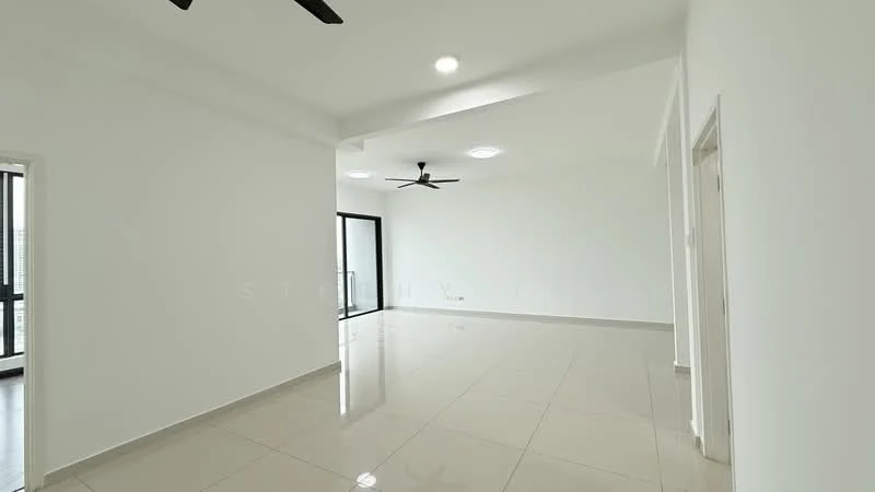 Living features: white painted walls, glossy ceramic tile flooring, 5-blade ceiling fan with light, recessed LED downlights, floor-to-ceiling windows, sliding glass door, neutral color scheme, open layout; style: modern; view: city.