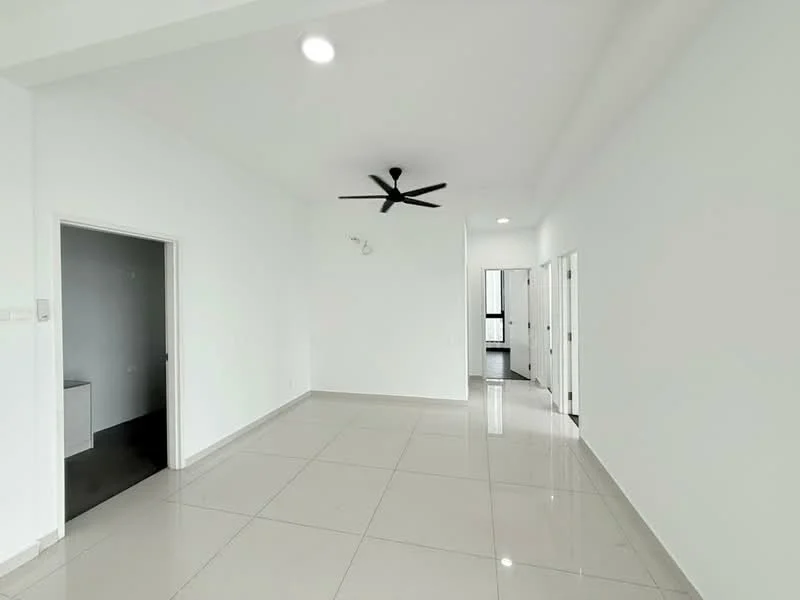 Room features: white painted walls, polished ceramic tile flooring, 5-blade ceiling fan, recessed downlights, doorway leading to other rooms, large windows for natural light; style: modern.