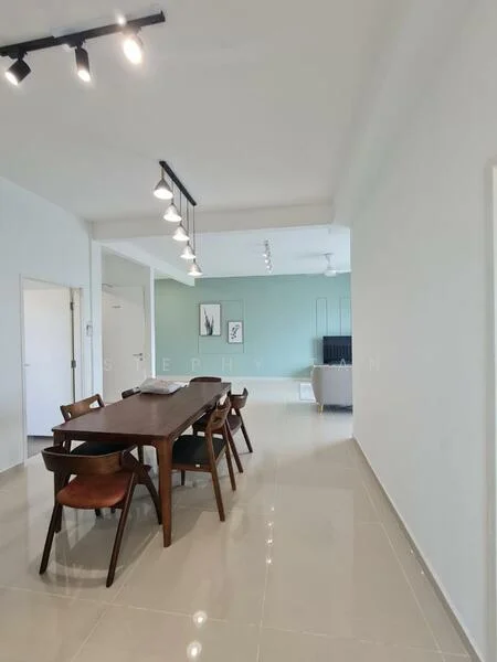 Dining features: dining table with wooden finish, 6 wooden dining chairs, pendant lighting with multiple bulbs, white painted walls, light grey accent wall, glossy tile flooring, ceiling with recessed lighting, open layout to living area; style: modern. Room features: white painted walls, glossy tile flooring, ceiling with recessed lighting.
