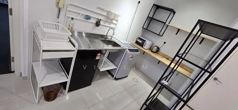 Laundry features: stainless-steel sink, chrome pull-down faucet, black under-counter cabinet, white washing machine, white laundry cart, open shelving unit with wooden top, black metal shelving unit, tile flooring, white walls, light fixture on ceiling; style: modern.