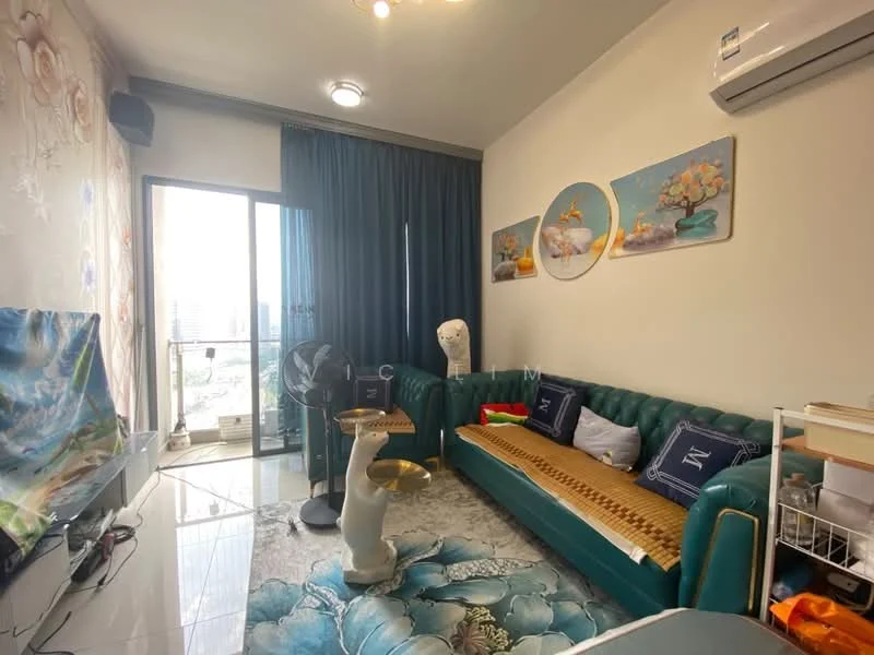Living features: green velvet sofa, wooden coffee table, area rug with floral pattern, wall-mounted TV, floor-to-ceiling windows, curtains, ceiling-mounted air conditioning unit, decorative wall art, fan, decorative vase; style: modern; view: city.