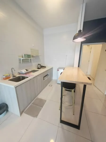 Kitchen features: single-bowl stainless-steel sink, chrome pull-down faucet, laminate countertop, grey cabinetry, built-in oven, electric kettle, bar counter with stools, white tiled walls, ceramic tile flooring, recessed downlights; style: modern.