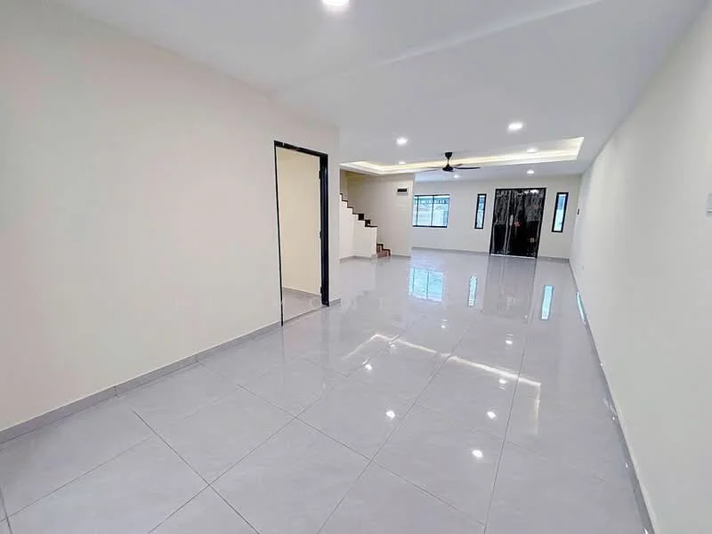 Living features: glossy ceramic tile flooring, white painted walls, recessed downlights, ceiling fan, large windows, staircase in background, open layout, neutral color scheme; style: modern.