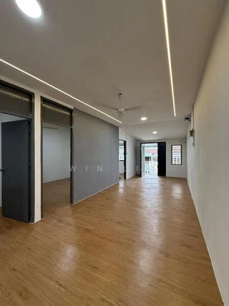 Room features: wooden flooring, white painted walls, grey accent wall, recessed LED downlights, ceiling fan, sliding glass door, large windows, open layout; style: modern.