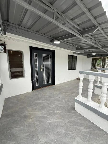 Exterior features: grey tiled flooring, white painted walls, black double-door entrance with vertical slats, windows with black frames, overhead metal roof, outdoor lighting fixtures, decorative white railing; style: modern.