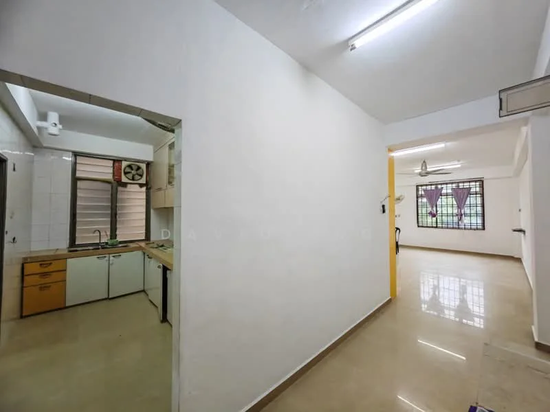 Kitchen features: white painted walls, cream tiled flooring, single-bowl stainless-steel sink, wood cabinetry with yellow accents, exhaust fan, window for natural light, countertop space, built-in shelves; style: modern. Hallway features: white painted walls, cream tiled flooring, ceiling lights, doorway leading to kitchen, doorway leading to living area; style: modern.