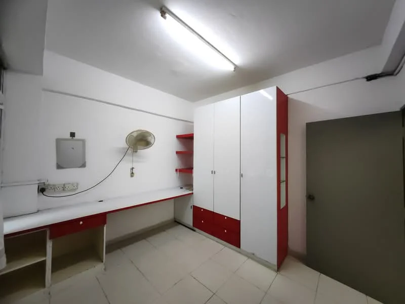 Room features: white painted walls, red cabinetry, white countertop, built-in wardrobe with sliding doors, open shelving, ceiling light fixture, tiled flooring, wall-mounted fan; style: modern.