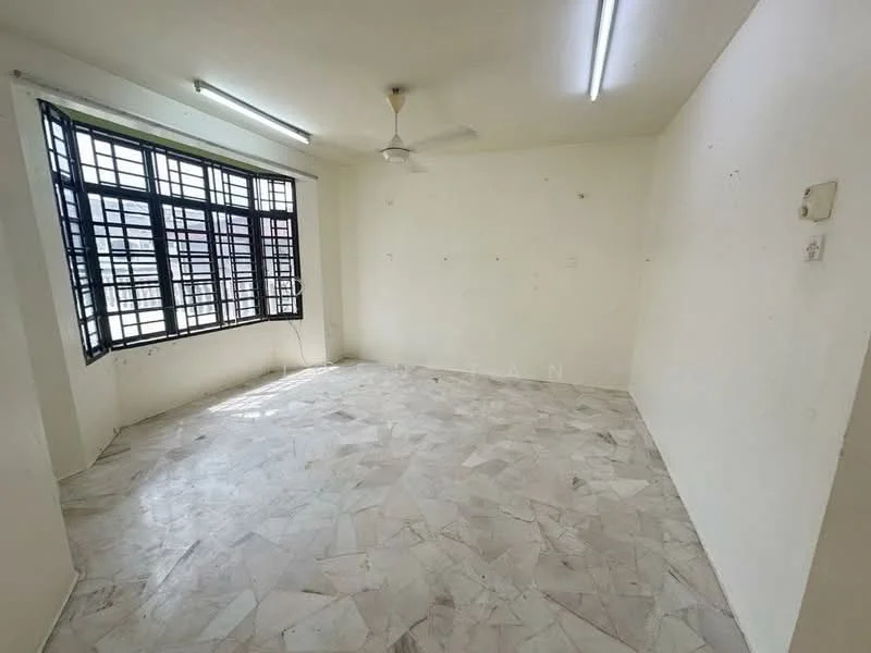 Room features: white painted walls, marble tile flooring, ceiling fan, large window with black metal grille, natural light from window, plain ceiling, no visible furniture, empty space; style: minimalist.