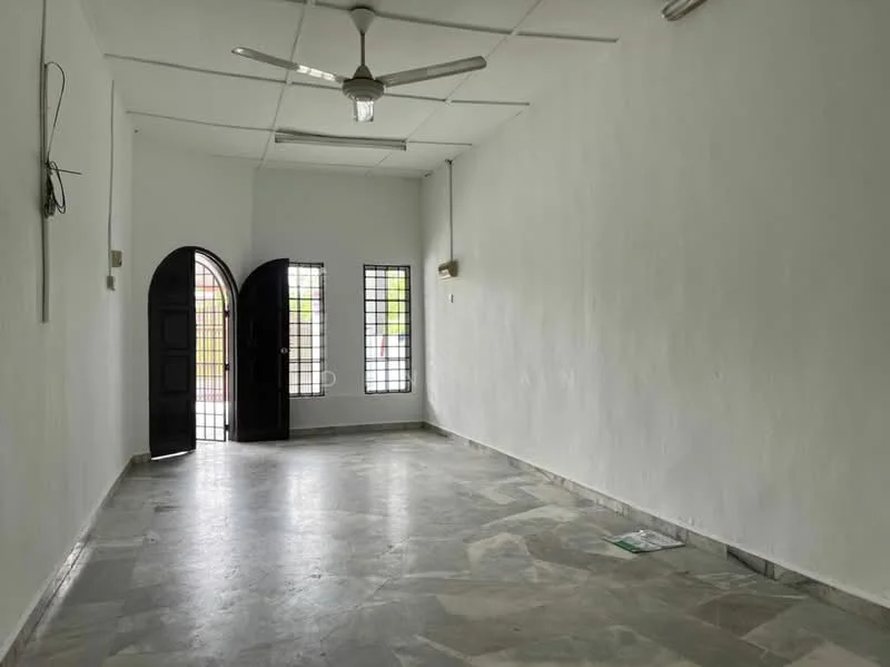 Room features: white painted walls, marble flooring, ceiling fan, arched double door, two small windows, light fixture, no visible furniture, open layout; style: minimalist.