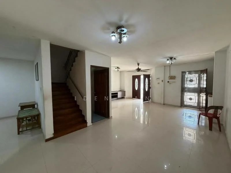 Living features: white painted walls, polished ceramic tile flooring, recessed downlights, 5-blade ceiling fan, two wooden doors, staircase with wooden railing, large windows, open layout; style: modern.