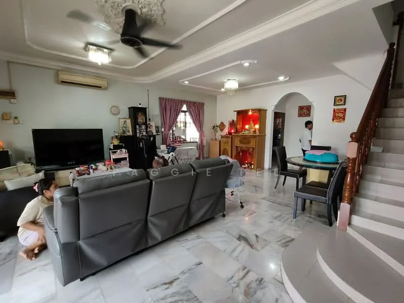 Living features: marble flooring, 5-blade ceiling fan with light, sofa in grey, coffee table, TV console, wall-mounted TV, decorative wall art, curtains in purple, recessed lighting, open layout to dining area, staircase leading to upper floor, decorative cabinet, side table, area rug; style: contemporary. Room features: staircase with wooden railing, arched doorway, decorative items on shelves.
