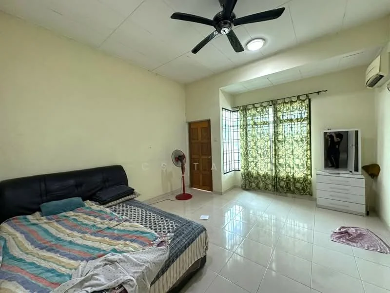Bedroom features: king-size bed with patterned bedding, black leather headboard, 2 bedside lamps, white dresser with multiple drawers, floor-to-ceiling windows, curtains with floral pattern, white painted walls, polished tile flooring, ceiling fan with light, wall-mounted air conditioning unit, mirror on dresser; style: modern.