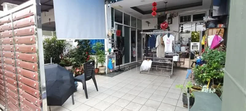 Room features: grey tiled flooring, glass sliding door, white walls, ceiling with recessed lighting, clothes rack, black plastic chair, black umbrella, potted plants, decorative wall art, hanging red lanterns, outdoor seating area; style: modern; view: garden.
