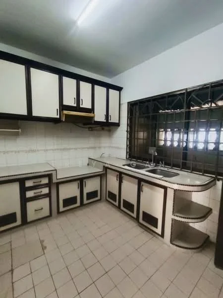 Kitchen features: white cabinetry with black trim, laminate countertop, double-bowl stainless-steel sink, chrome faucet, built-in range hood, tile backsplash, wall-mounted cabinets, open shelving, ceramic tile flooring, grid-patterned window with security bars; style: traditional.