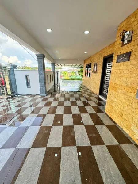 Exterior features: checkered tile flooring in brown and cream, covered walkway, stone cladding on walls, modern light fixtures, sliding glass door, decorative wall art, columns with grey paint, outdoor area with greenery visible; style: modern.