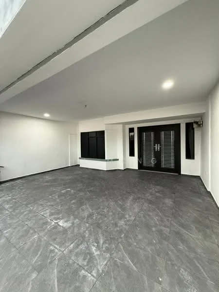 Room features: grey tiled flooring, white painted walls, recessed ceiling lights, black framed sliding doors, large windows, open space layout, no visible furniture, corner wall with window; style: modern.