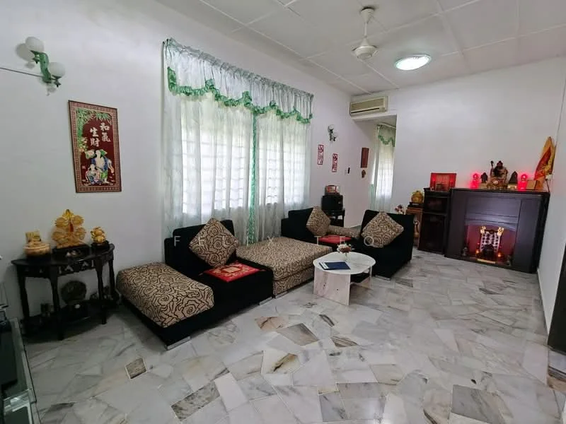 Living features: marble flooring, white painted walls, ceiling fan, sofa with patterned upholstery, coffee table, decorative wall art, wooden cabinet, window with sheer curtains, wall-mounted air conditioning unit, decorative figurines, lighting fixtures, mirror on wall; style: traditional.