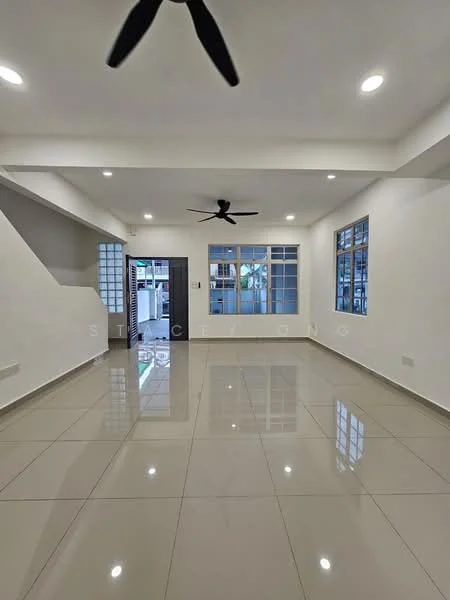 Living features: glossy ceramic tile flooring, white painted walls, recessed downlights, 5-blade ceiling fan, large windows with grid pattern, open layout, door leading to outdoor area, neutral color palette; style: modern.
