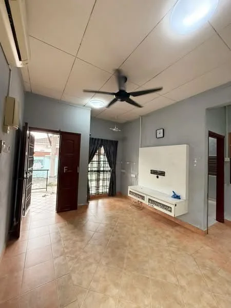 Living features: cream tiled flooring, grey painted walls, 5-blade ceiling fan with light, wall-mounted TV console, sliding glass door, floor-to-ceiling windows, blackout curtains, air conditioning unit, decorative wall clock; style: modern.