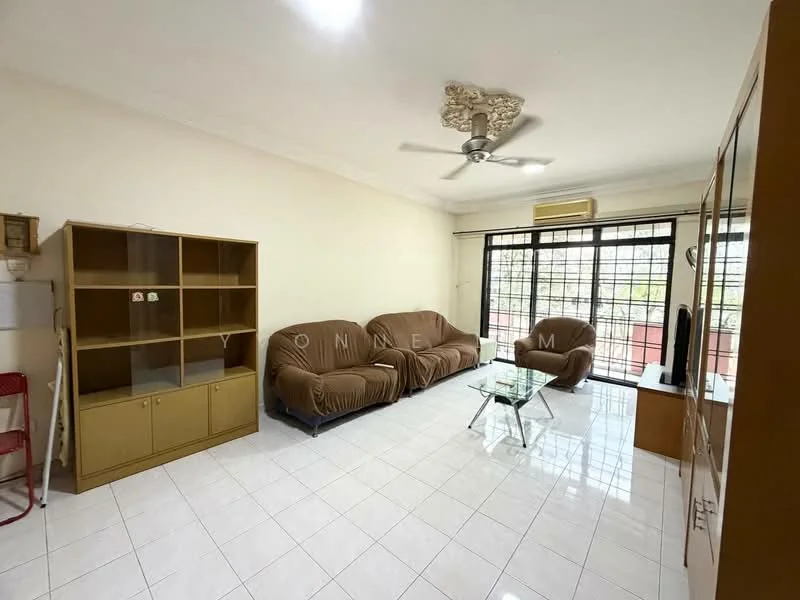 Living features: 3-seater fabric sofa in brown, 2-seater fabric sofa in brown, glass coffee table, wooden TV cabinet, built-in shelving unit, white tiled flooring, ceiling fan with light, large windows with black metal grilles, air conditioning unit, decorative ceiling rose; style: modern; view: garden.
