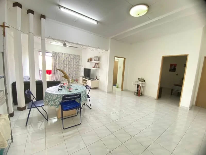 Living features: white painted walls, glossy white tile flooring, recessed ceiling lights, ceiling fan, large window with sheer curtains, TV console, dining table with tablecloth, blue folding chairs, sofa, decorative items on the table; style: modern. Room features: doorway leading to another room, doorway leading to bathroom, neutral wall color.