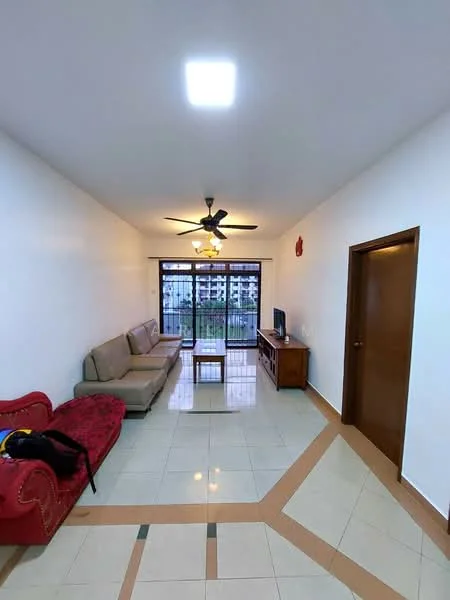 Living features: white painted walls, tile flooring, 5-blade ceiling fan with light, sofa in beige, red armchair, wooden coffee table, TV console, wall-mounted TV, floor-to-ceiling windows, curtains, view of outdoor space; style: modern; view: garden.