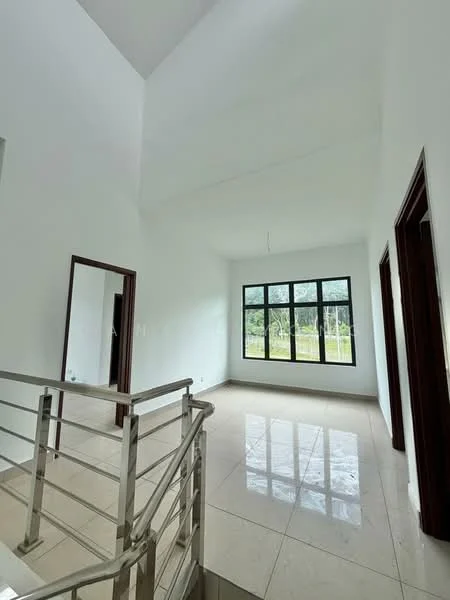 Room features: high ceiling, white painted walls, large floor-to-ceiling windows, marble tile flooring, metal railing, natural light, open layout, neutral color scheme; style: modern; view: garden.