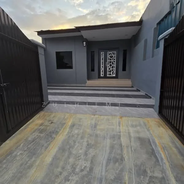 Exterior features: grey painted facade, decorative front door with intricate design, flat roof, striped stone pathway, manicured entrance area, metal gates, concrete driveway, large windows; style: modern.