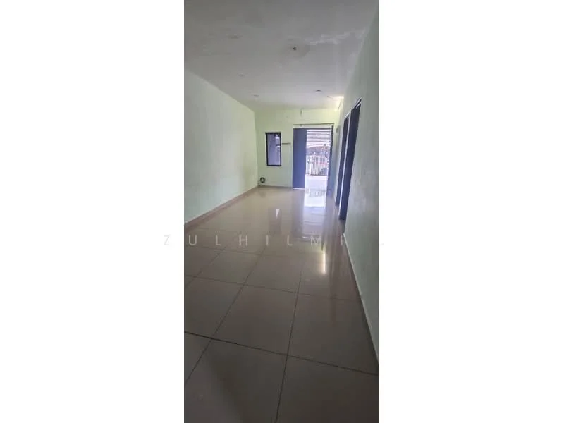 Room features: light green painted walls, glossy ceramic tile flooring, floor-to-ceiling window, sliding glass door, natural light from window, ceiling light fixture.